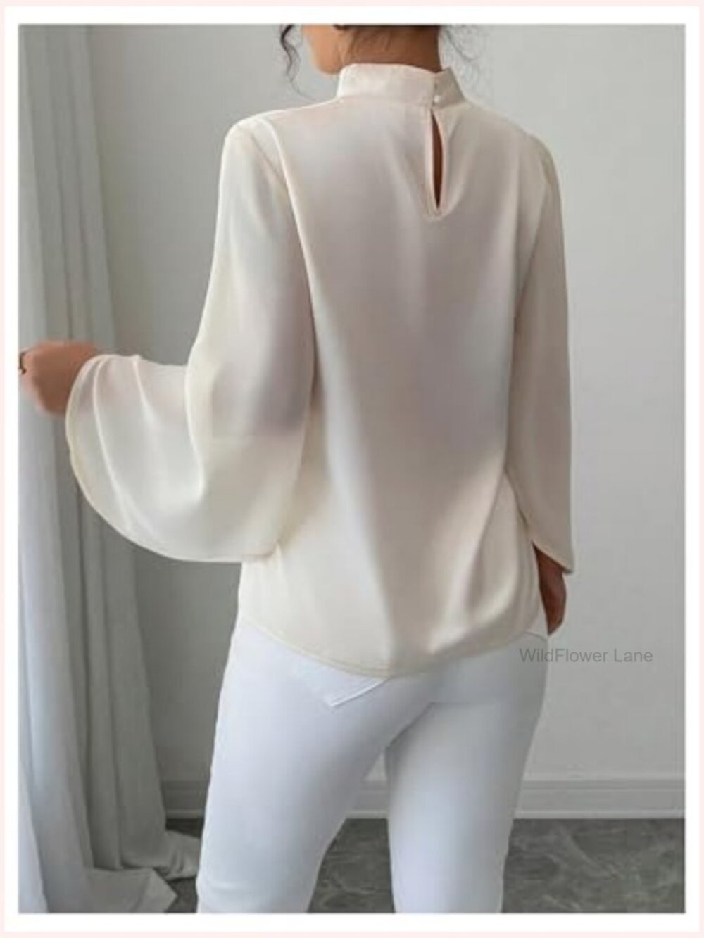 Elegant Flounce Sleeve Blouse Top Satin Mock Neck Business Casual Shirt - Picture 3 of 5